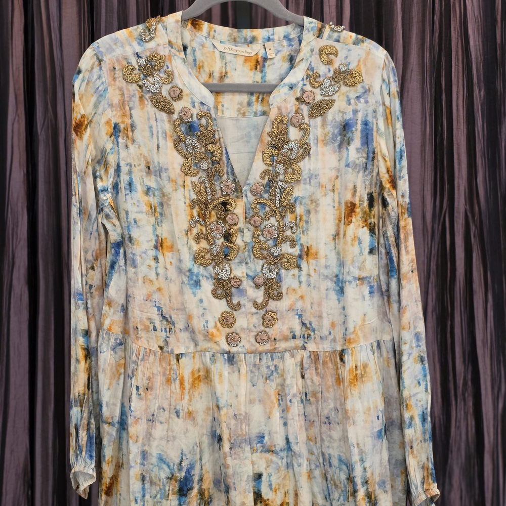 NWOT. Soft Surroundings Watercolor Print Blouse in Blue, Mustard & Cream
